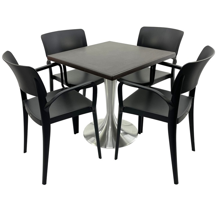 Set mobila terasa/restaurant RAKI, masa patrata 70x70cm cu blat Werzalit New Wenge si baza din aluminiu, 4 scaune cu brate Panora negre 54,5x51xh81,9cm din plastic