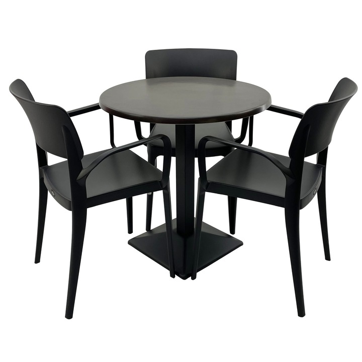 Set mobila terasa/restaurant RAKI, masa rotunda D70cm cu blat Werzalit New Wenge si baza din metal neagra, 3 scaune cu brate Panora negre 54,5x51xh81,9cm din plastic