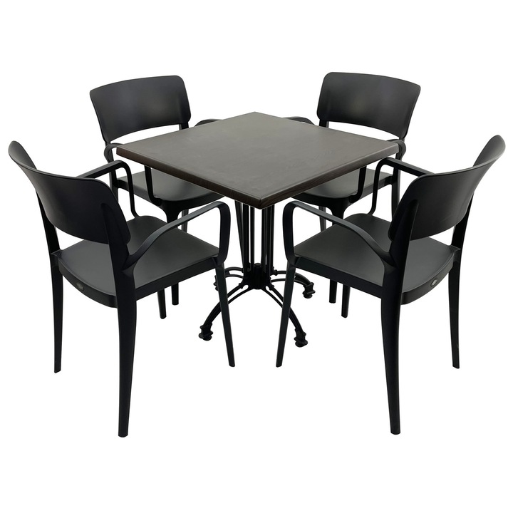 Set mobila terasa/restaurant RAKI, masa patrata 80x80cm cu blat Werzalit New Wenge si baza retro neagra din aluminiu, 4 scaune cu brate Panora negre 54,5x51xh81,9cm din plastic
