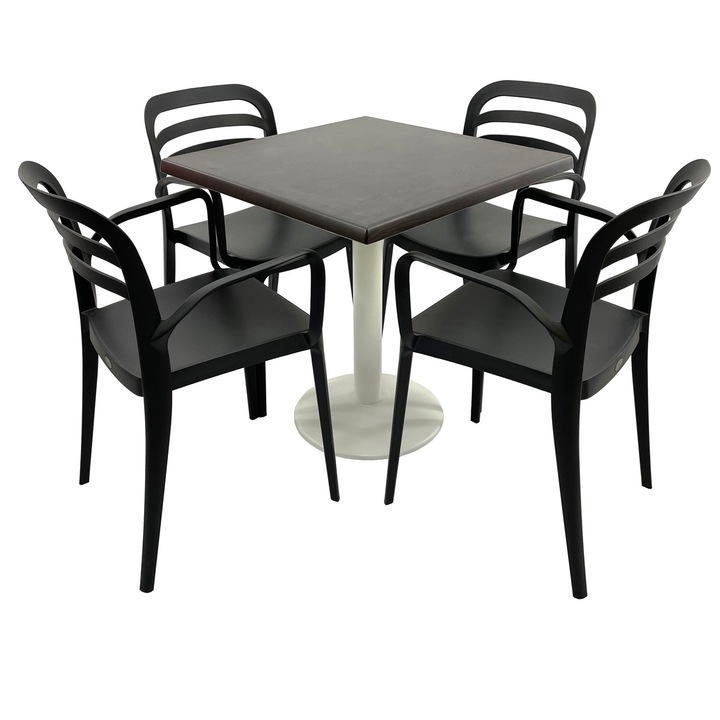 Set mobila terasa/restaurant RAKI, masa patrata 80x80cm cu blat Werzalit New Wenge si picior metalic alb, 4 scaune cu brate Aspendos negre 54,5x51xh81,6cm din plastic