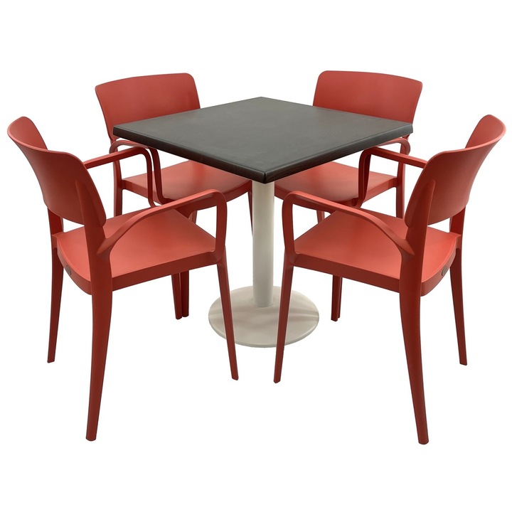 Set mobila terasa/restaurant RAKI, masa patrata 80x80cm cu blat Werzalit New Wenge si picior metalic alb, 4 scaune cu brate Panora rosii 54,5x51xh81,9cm din plastic