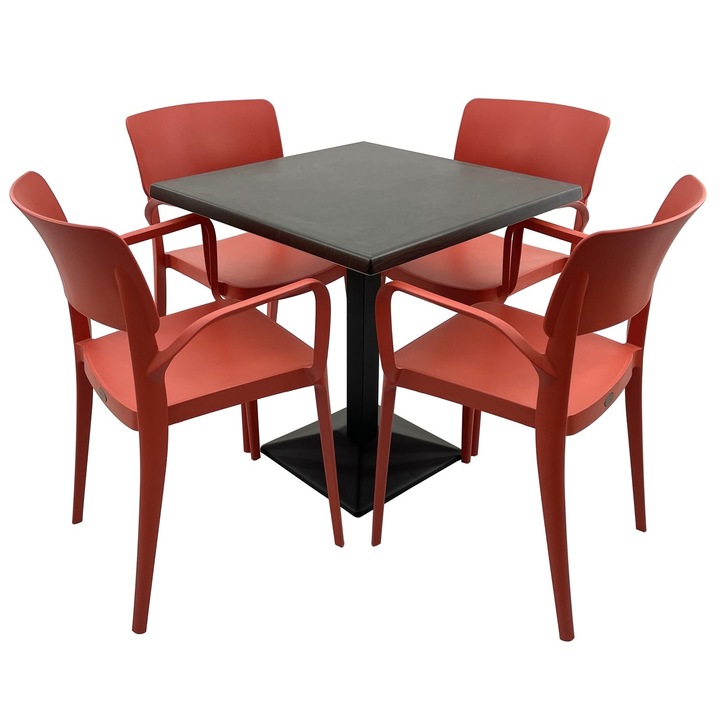 Set mobila terasa/restaurant RAKI, masa patrata 70x70cm cu blat Werzalit New Wenge si baza din metal neagra, 4 scaune cu brate Panora rosii 54,5x51xh81,9cm din plastic
