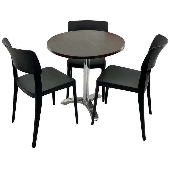 Set mobila terasa/cafenea RAKI, masa rotunda D70cm cu blat Werzalit New Wenge si picior aluminiu, 3 scaune Pano negre 47,1x51,1xh81,9cm din plastic
