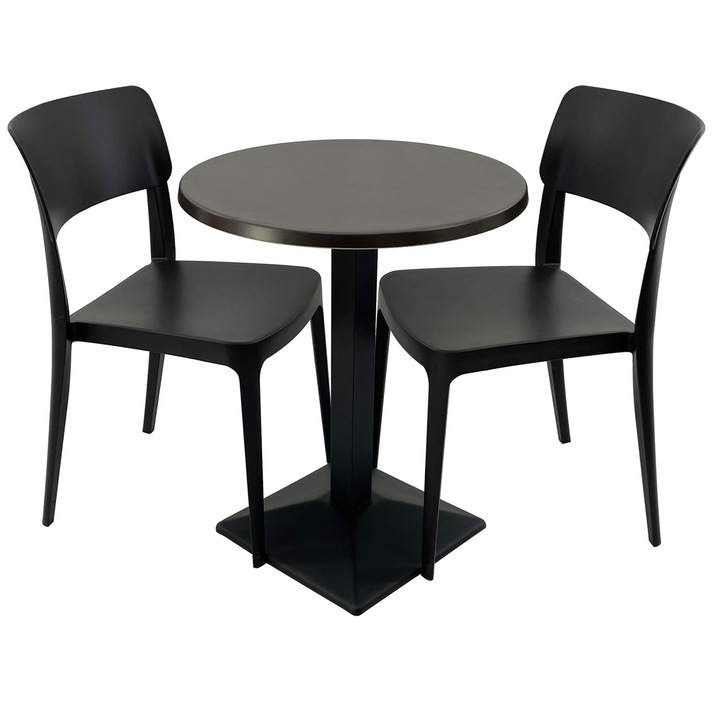 Set mobila terasa/cafenea RAKI, masa rotunda D60cm cu blat Werzalit New Wenge si baza din metal neagra, 2 scaune Pano negre 47,1x51,1xh81,9cm din plastic