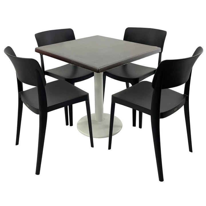 Set mobila terasa/cafenea RAKI, masa patrata 80x80cm cu blat Werzalit New Wenge si picior metalic alb, 4 scaune Pano negre 47,1x51,1xh81,9cm din plastic