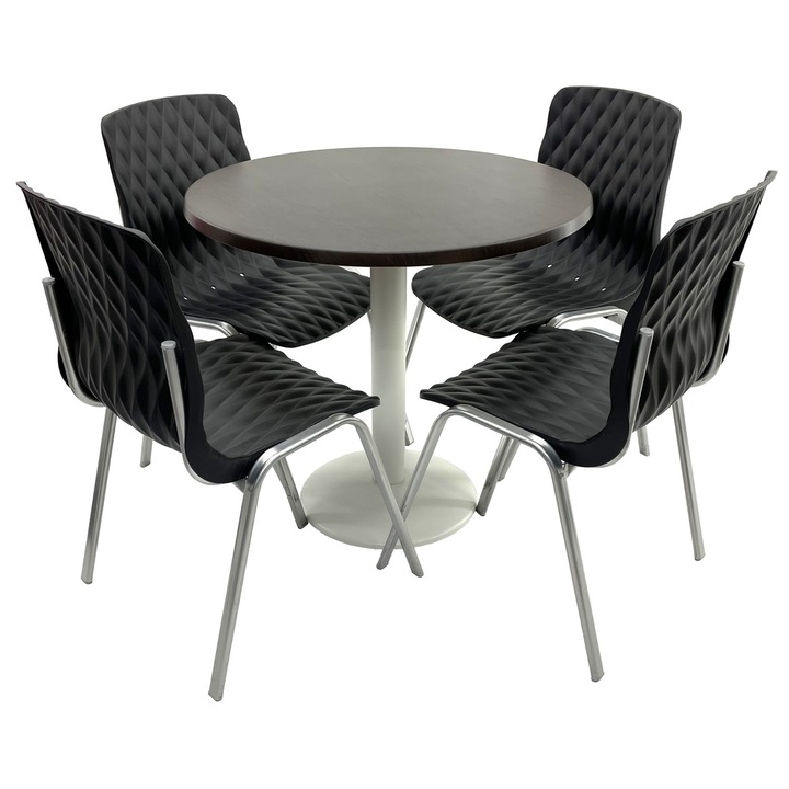 Set mobila terasa/cafenea RAKI, masa rotunda D80cm cu blat Werzalit New Wenge si picior metalic alb, 4 scaune Royal negre 50x52xh83cm din plastic cu picioare metalice
