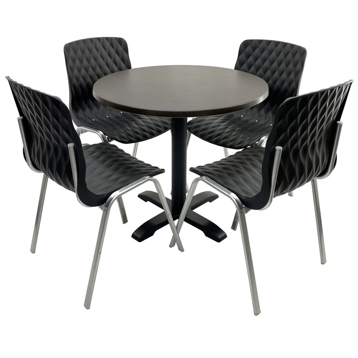 Set mobila terasa/cafenea RAKI, masa rotunda D80cm cu blat Werzalit New Wenge si picior din metal negru, 4 scaune Royal negre 50x52xh83cm din plastic cu picioare metalice