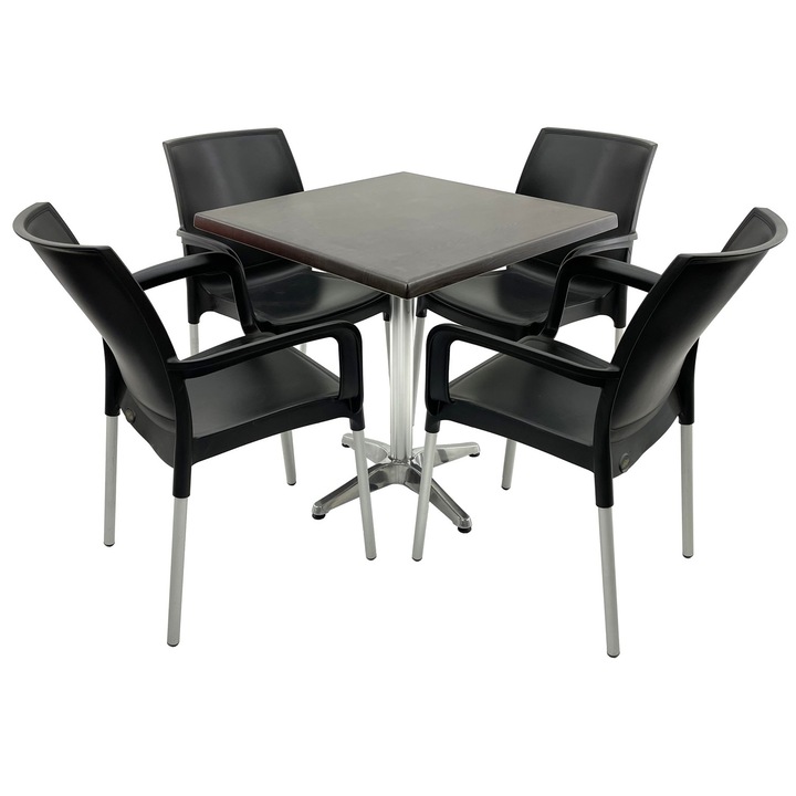 Set mobilier terasa RAKI, 4 scaune Sunset negre 55x58xh82cm din plastic cu picioare aluminiu, masa patrata 80x80cm cu blat Werzalit New Wenge si baza aluminiu