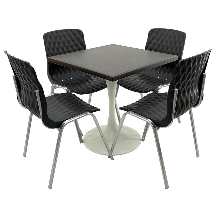 Set mobila terasa/cafenea RAKI, masa patrata 70x70cm cu blat Werzalit New Wenge si baza metalica alba, 4 scaune Royal negre 50x52xh83cm din plastic cu picioare metalice
