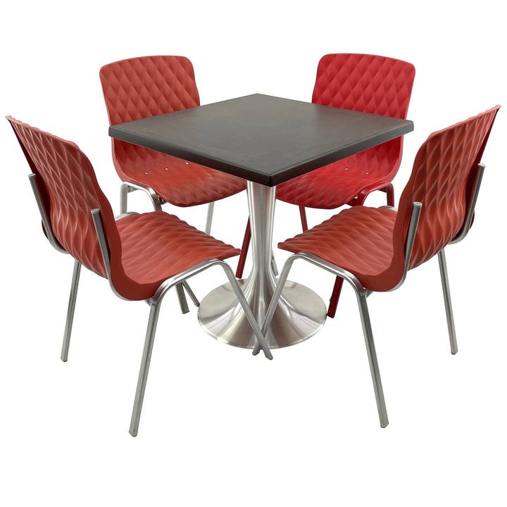 Set mobila terasa/cafenea RAKI, masa patrata 70x70cm cu blat Werzalit New Wenge si baza din aluminiu, 4 scaune Royal rosii 50x52xh83cm din plastic cu picioare metalice