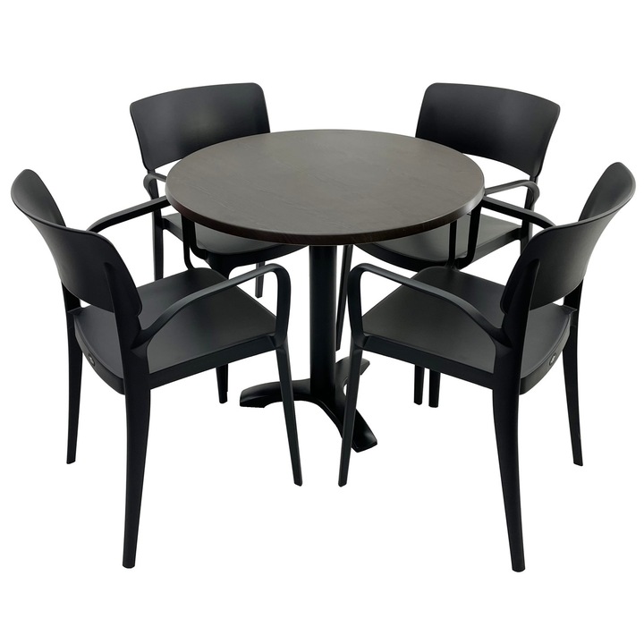 Set mobila terasa/restaurant RAKI, masa rotunda D80cm cu blat Werzalit New Wenge si picior metalic negru, 4 scaune cu brate Panora negre 54,5x51xh81,9cm din plastic