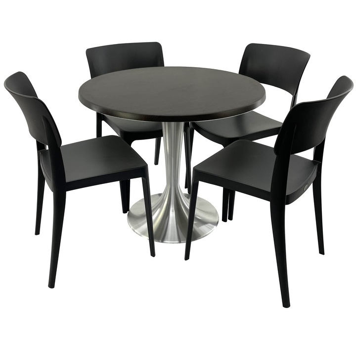 Set mobila terasa/cafenea RAKI, masa rotunda D80cm cu blat Werzalit New Wenge si baza din aluminiu, 4 scaune Pano negre 47,1x51,1xh81,9cm din plastic
