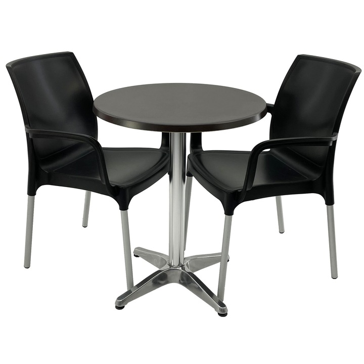 Set mobilier terasa RAKI, 2 scaune Sunset negre 55x58xh82cm din plastic cu picioare aluminiu, masa rotunda D60cm cu blat Werzalit New Wenge si baza aluminiu