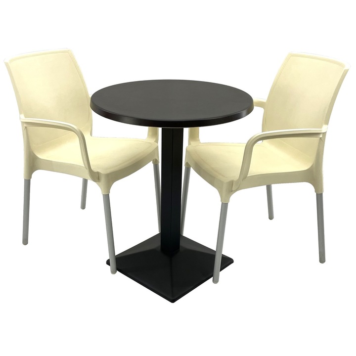 Set bistro de exterior RAKI, masa rotunda D60cm cu blat Werzalit New Wenge si baza din metal neagra, 2 scaune Sunset crem 55x58xh82cm din plastic cu picioare aluminiu