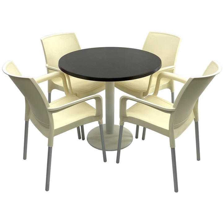 Set bistro de exterior RAKI, masa rotunda D80cm cu blat Werzalit New Wenge si picior metalic alb, 4 scaune Sunset crem 55x58xh82cm din plastic cu picioare aluminiu