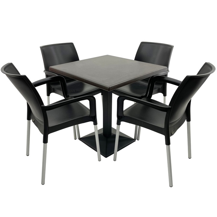 Set mobilier terasa RAKI, 4 scaune Sunset negre 55x58xh82cm din plastic cu picioare aluminiu, masa patrata 70x70cm cu blat Werzalit New Wenge si baza din metal neagra