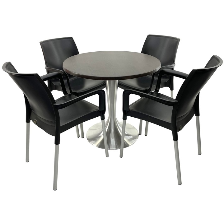Set mobilier terasa RAKI, 4 scaune Sunset negre 55x58xh82cm din plastic cu picioare aluminiu, masa rotunda D80cm cu blat Werzalit New Wenge si baza din aluminiu
