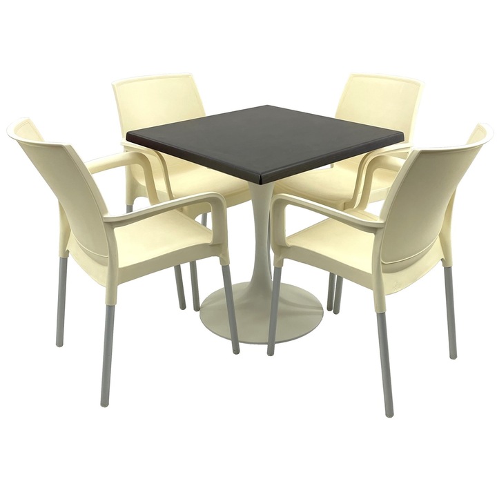 Set bistro de exterior RAKI, masa patrata 80x80cm cu blat Werzalit New Wenge si baza metalica alba, 4 scaune Sunset crem 55x58xh82cm din plastic cu picioare aluminiu