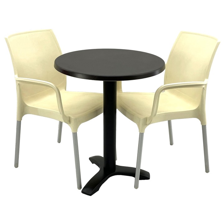 Set bistro de exterior RAKI, masa rotunda D60cm cu blat Werzalit New Wenge si picior metalic negru, 2 scaune Sunset crem 55x58xh82cm din plastic cu picioare aluminiu