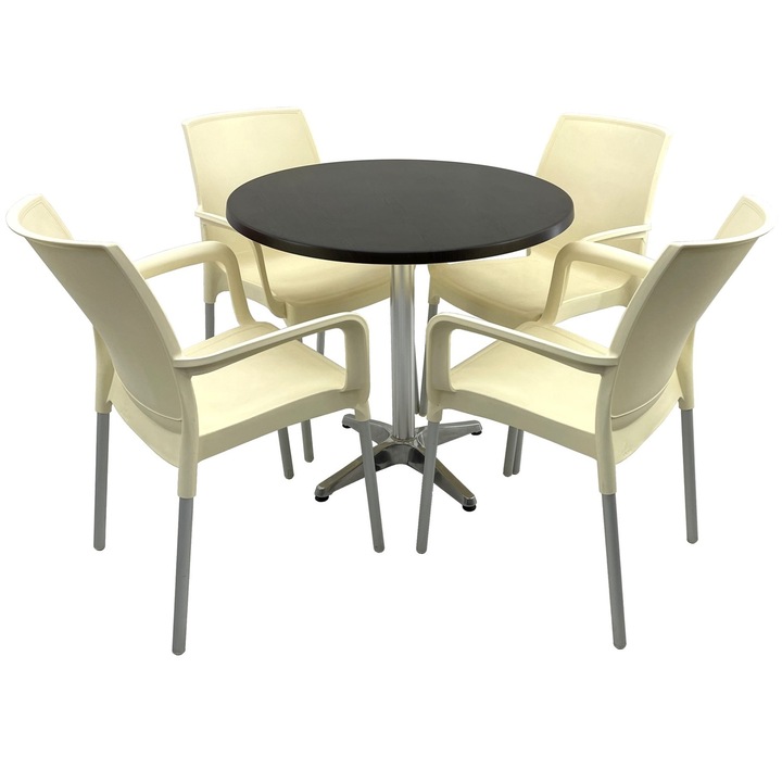 Set bistro de exterior RAKI, masa rotunda D80cm cu blat Werzalit New Wenge si baza aluminiu, 4 scaune Sunset crem 55x58xh82cm din plastic cu picioare aluminiu