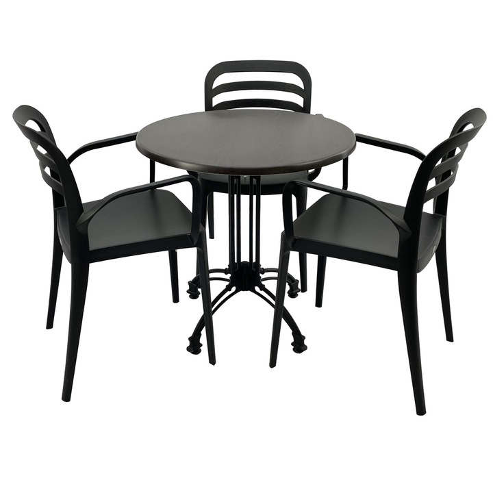 Set mobila terasa/restaurant RAKI, masa rotunda D70cm cu blat Werzalit New Wenge si baza retro neagra din aluminiu, 3 scaune cu brate Aspendos negre 54,5x51xh81,6cm din plastic
