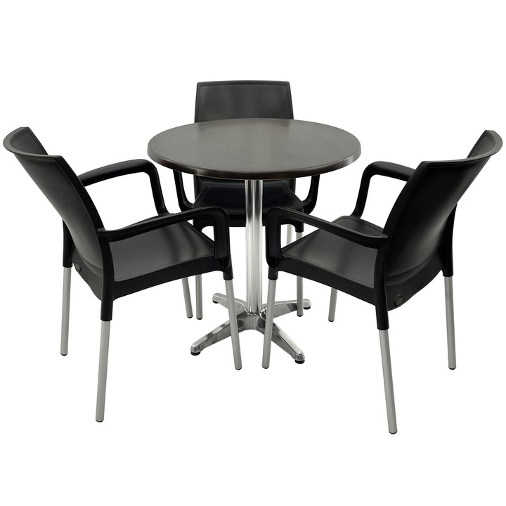 Set bistro exterior/interior RAKI, 3 scaune Sunset negre 55x58xh82cm din plastic cu picioare aluminiu, masa rotunda D70cm cu blat Werzalit New Wenge si baza aluminiu
