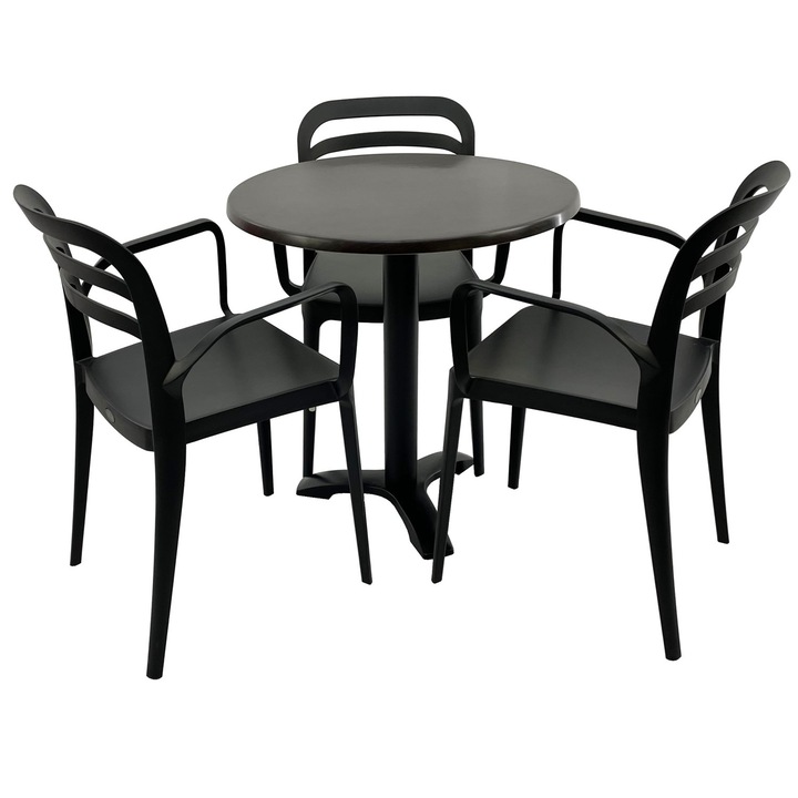 Set mobila terasa/restaurant RAKI, masa rotunda D70cm cu blat Werzalit New Wenge si picior metalic negru, 3 scaune cu brate Aspendos negre 54,5x51xh81,6cm din plastic