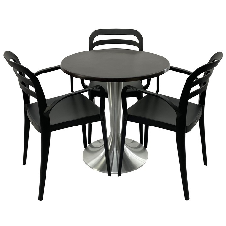 Set mobila terasa/restaurant RAKI, masa rotunda D70cm cu blat Werzalit New Wenge si baza din aluminiu, 3 scaune cu brate Aspendos negre 54,5x51xh81,6cm din plastic