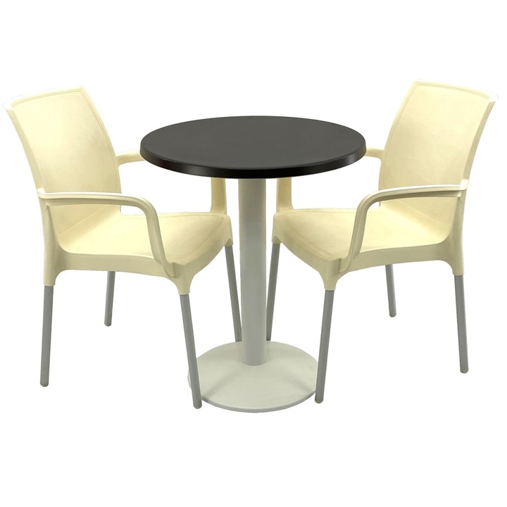 Set bistro de exterior RAKI, masa rotunda D60cm cu blat Werzalit New Wenge si picior metalic alb, 2 scaune Sunset crem 55x58xh82cm din plastic cu picioare aluminiu