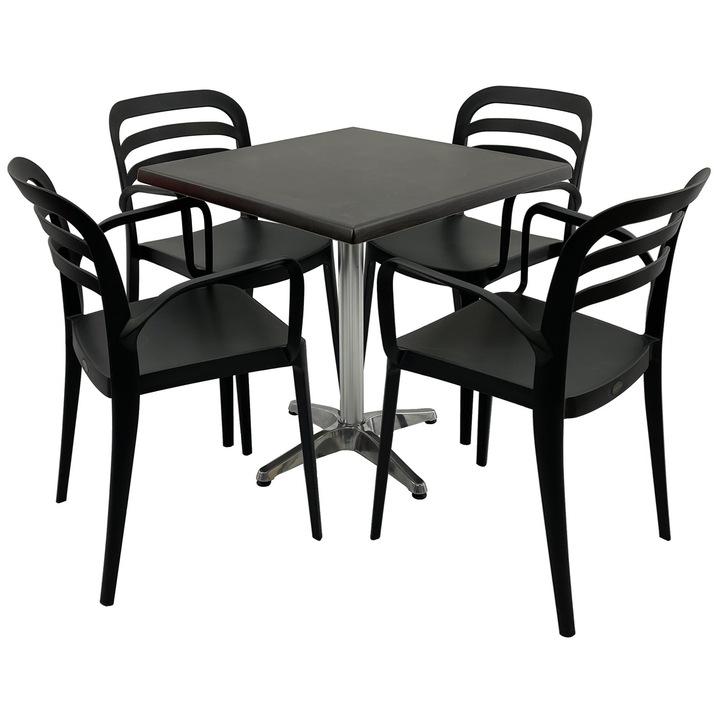 Set mobila terasa/restaurant RAKI, masa patrata 80x80cm cu blat Werzalit New Wenge si baza aluminiu, 4 scaune cu brate Aspendos negre 54,5x51xh81,6cm din plastic