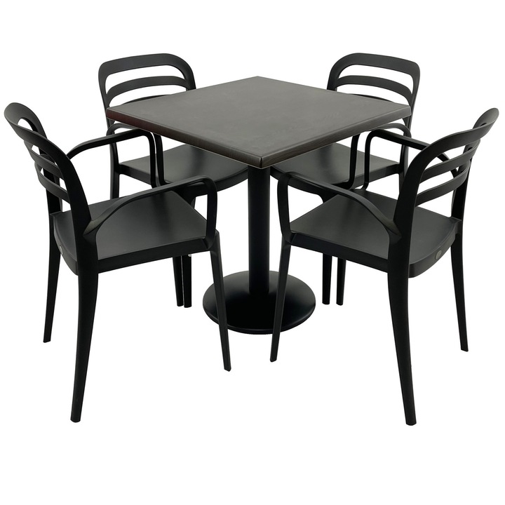 Set mobila terasa/restaurant RAKI, masa patrata 80x80cm cu blat Werzalit New Wenge si baza metalica neagra, 4 scaune cu brate Aspendos negre 54,5x51xh81,6cm din plastic