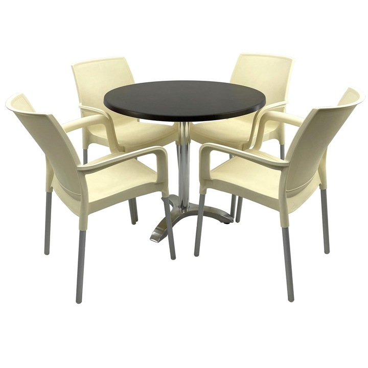 Set bistro de exterior RAKI, masa rotunda D80cm cu blat Werzalit New Wenge si picior aluminiu, 4 scaune Sunset crem 55x58xh82cm din plastic cu picioare aluminiu