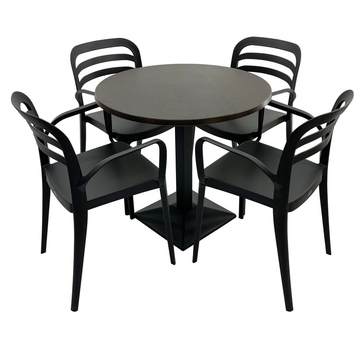 Set mobila terasa/restaurant RAKI, masa rotunda D80cm cu blat Werzalit New Wenge si baza din metal neagra, 4 scaune cu brate Aspendos negre 54,5x51xh81,6cm din plastic
