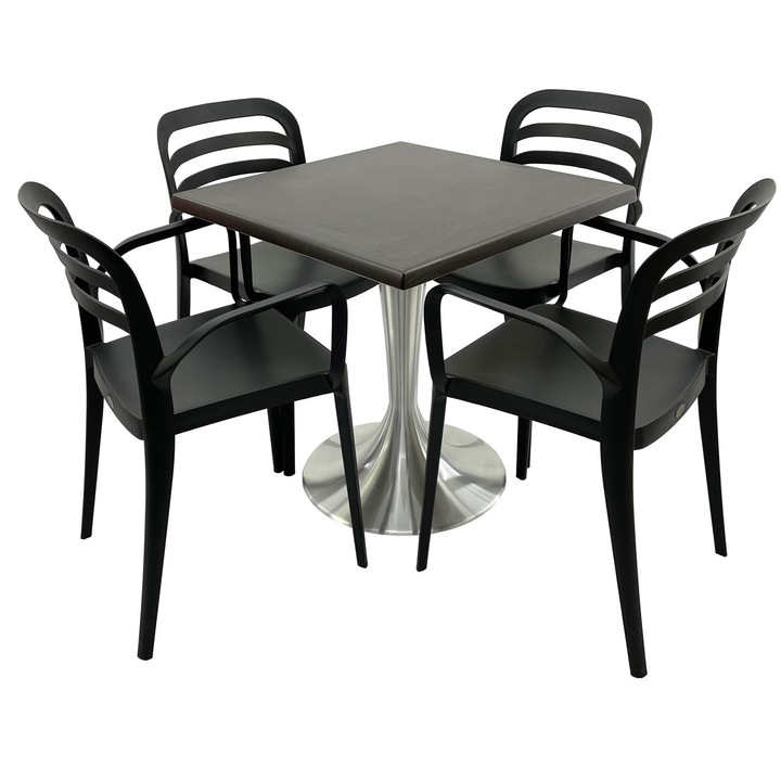 Set mobila terasa/restaurant RAKI, masa patrata 80x80cm cu blat Werzalit New Wenge si baza din aluminiu, 4 scaune cu brate Aspendos negre 54,5x51xh81,6cm din plastic