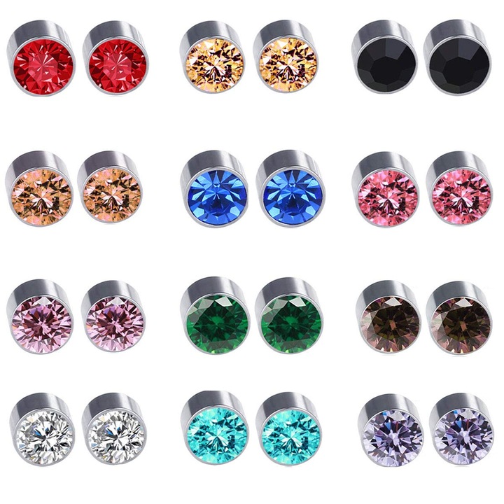 Cercei Magnetici, 12 perechi, Nybgyy®, Cristale Swarovski/Otel Titan, Tip Clips Pentru Ureche, Unisex, Colorfast, 0.6 x 0.6 cm, Multicolor