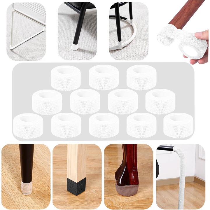 Set 12 protectii pentru picioarele scaunelor, 2.5 cm x 400 cm, Antiderapante, Autoadezive, Alb