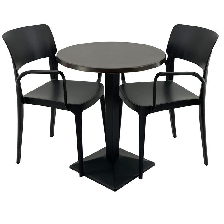 Set mobila terasa/restaurant RAKI, masa rotunda D60cm cu blat Werzalit New Wenge si baza din metal neagra, 2 scaune cu brate Panora negre 54,5x51xh81,9cm din plastic