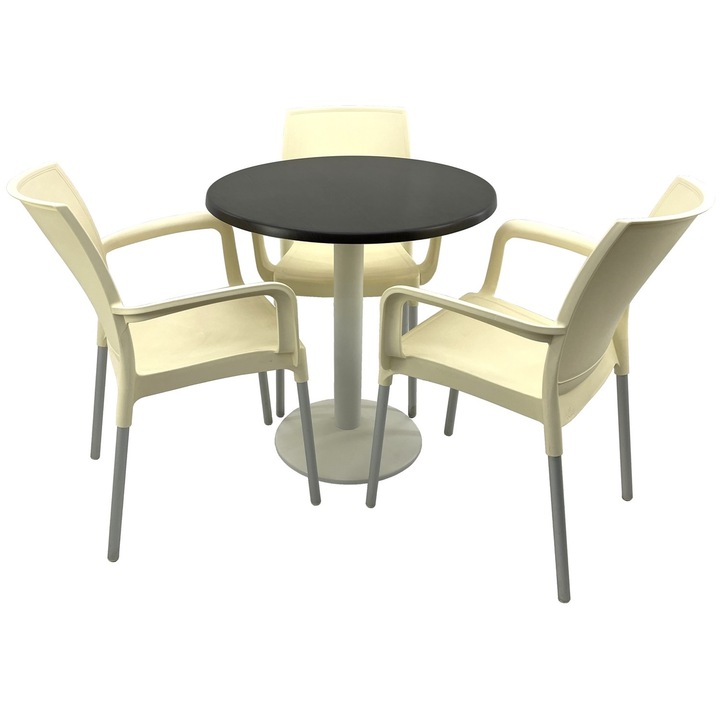 Set bistro de exterior RAKI, masa rotunda D70cm cu blat Werzalit New Wenge si picior metalic alb, 3 scaune Sunset crem 55x58xh82cm din plastic cu picioare aluminiu