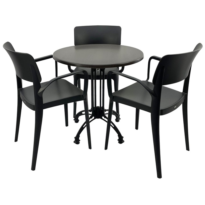 Set mobila terasa/restaurant RAKI, masa rotunda D70cm cu blat Werzalit New Wenge si baza retro neagra din aluminiu, 3 scaune cu brate Panora negre 54,5x51xh81,9cm din plastic