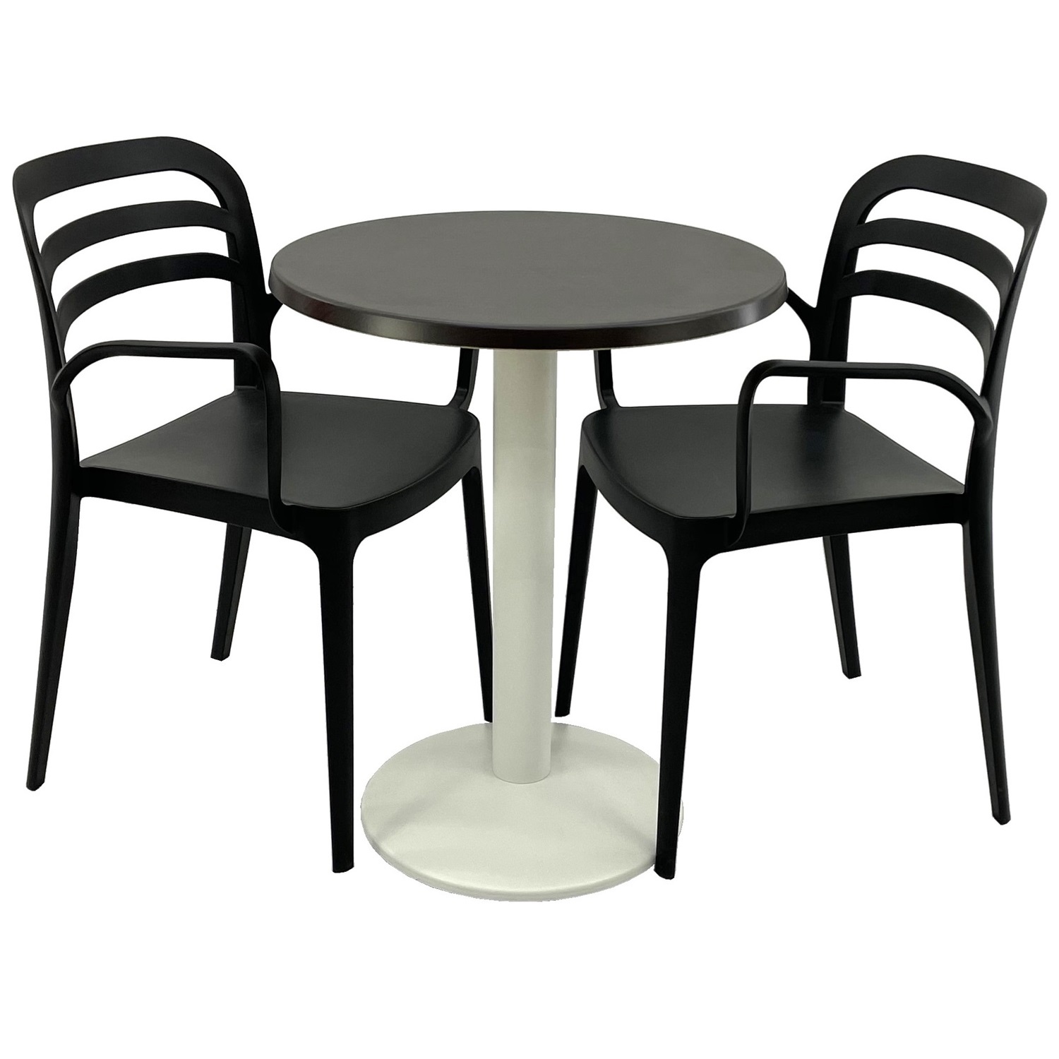 Set mobila terasa/restaurant RAKI, masa rotunda D60cm cu blat Werzalit New Wenge si picior metalic alb, 2 scaune cu brate Aspendos negre 54,5x51xh81,6cm din plastic