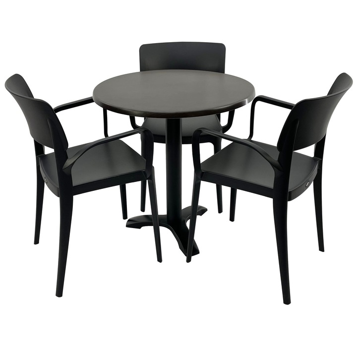 Set mobila terasa/restaurant RAKI, masa rotunda D70cm cu blat Werzalit New Wenge si picior metalic negru, 3 scaune cu brate Panora negre 54,5x51xh81,9cm din plastic