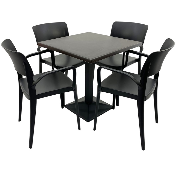 Set mobila terasa/restaurant RAKI, masa patrata 80x80cm cu blat Werzalit New Wenge si baza din metal neagra, 4 scaune cu brate Panora negre 54,5x51xh81,9cm din plastic