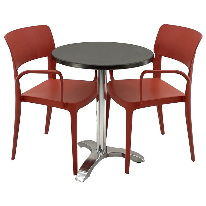 Set mobila terasa/restaurant RAKI, masa rotunda D60cm cu blat Werzalit New Wenge si picior aluminiu, 2 scaune cu brate Panora rosii 54,5x51xh81,9cm din plastic