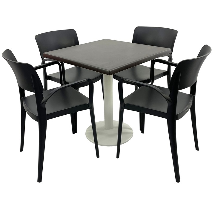 Set mobila terasa/restaurant RAKI, masa patrata 80x80cm cu blat Werzalit New Wenge si picior metalic alb, 4 scaune cu brate Panora negre 54,5x51xh81,9cm din plastic