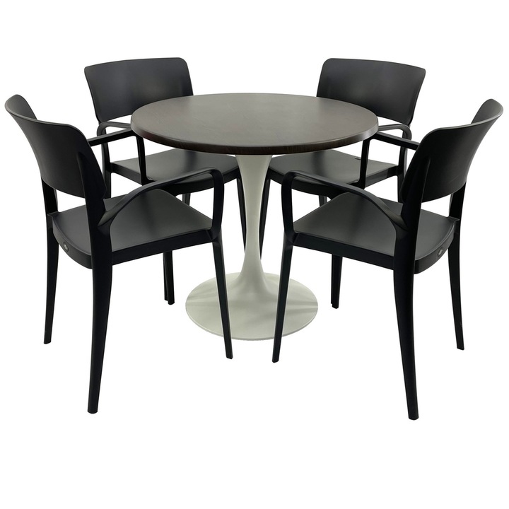 Set mobila terasa/restaurant RAKI, masa rotunda D80cm cu blat Werzalit New Wenge si baza metalica alba, 4 scaune cu brate Panora negre 54,5x51xh81,9cm din plastic