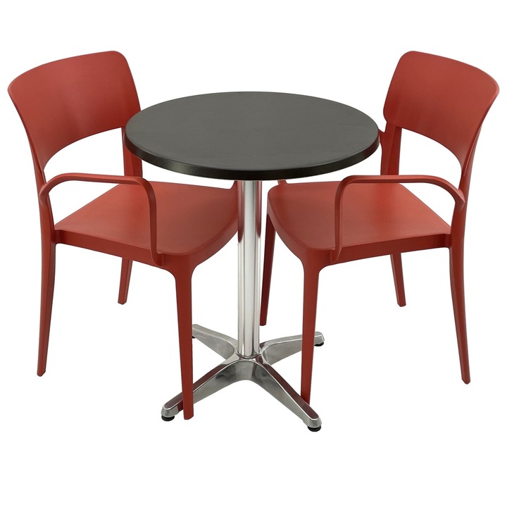 Set mobila terasa/restaurant RAKI, masa rotunda D60cm cu blat Werzalit New Wenge si baza aluminiu, 2 scaune cu brate Panora rosii 54,5x51xh81,9cm din plastic