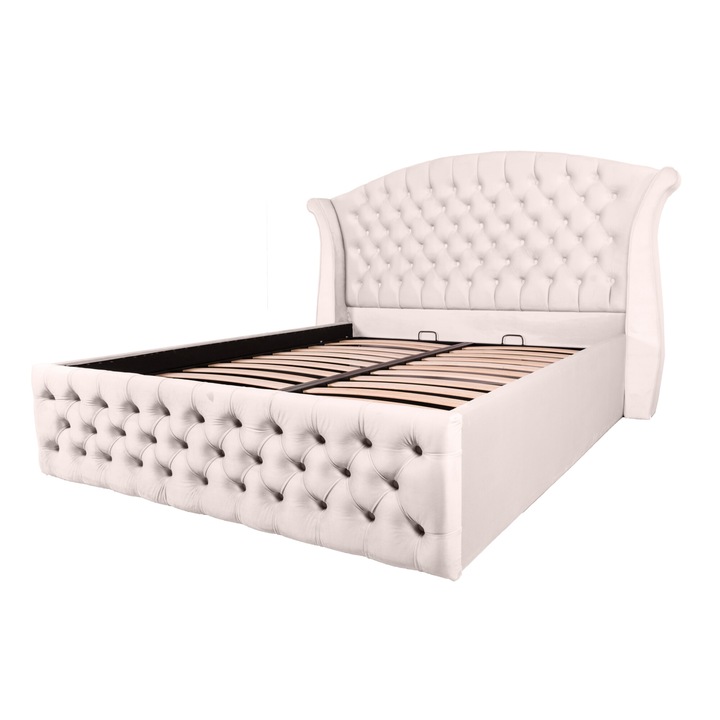 Pat dublu tapitat Miami Simple 140/200 crem, cu somiera metalica rabatabila si spatiu de depozitare