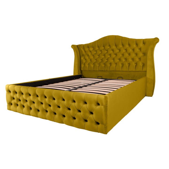 Pat dublu tapitat Houston 160/200 galben mustar, cu somiera metalica rabatabila si spatiu de depozitare