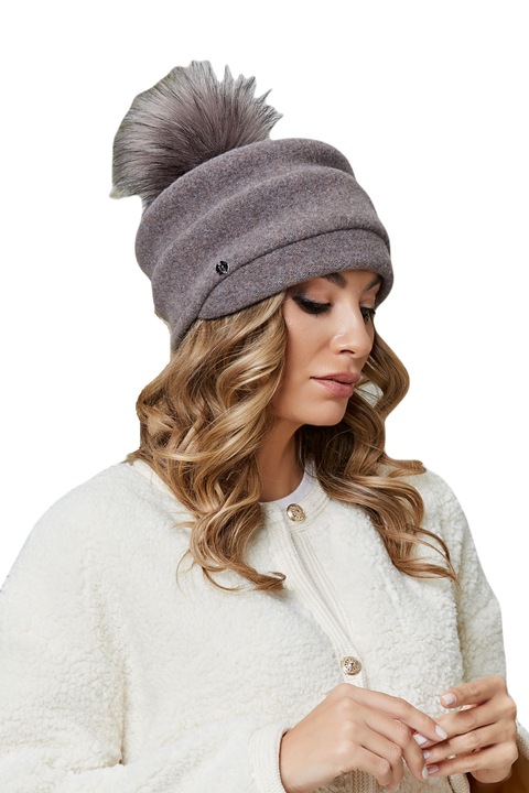 Дамска шапка с помпон Ralenne Marlen 1, 100% мериносова вълна, цвят тъмно бежов меланж