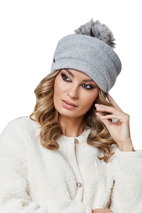 Дамска шапка с помпон Ralenne Marlen, 100% мериносова вълна, цвят сив
